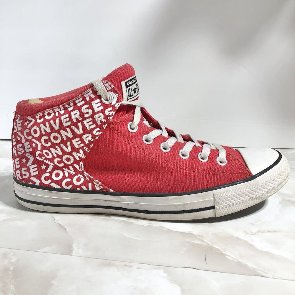 Converse Chuck Taylor All Star Red White Spell Out High Top Chucks Shoes Sz 10.5